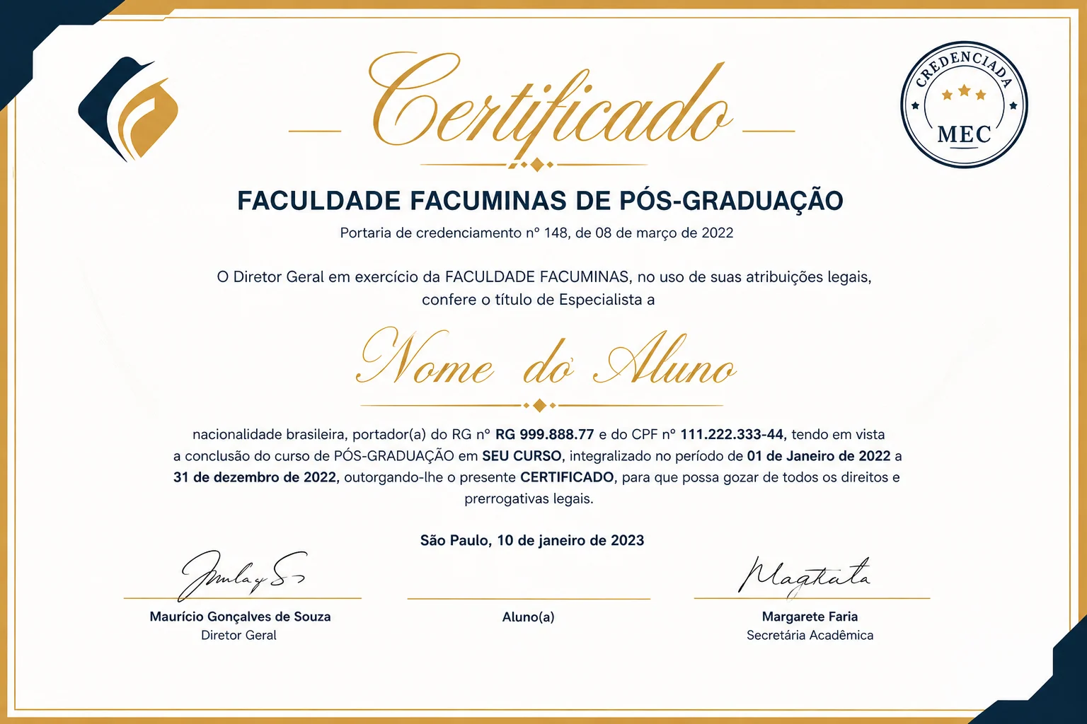 Modelo de certificado da Faculdade Facuminas de Pós-Graduação